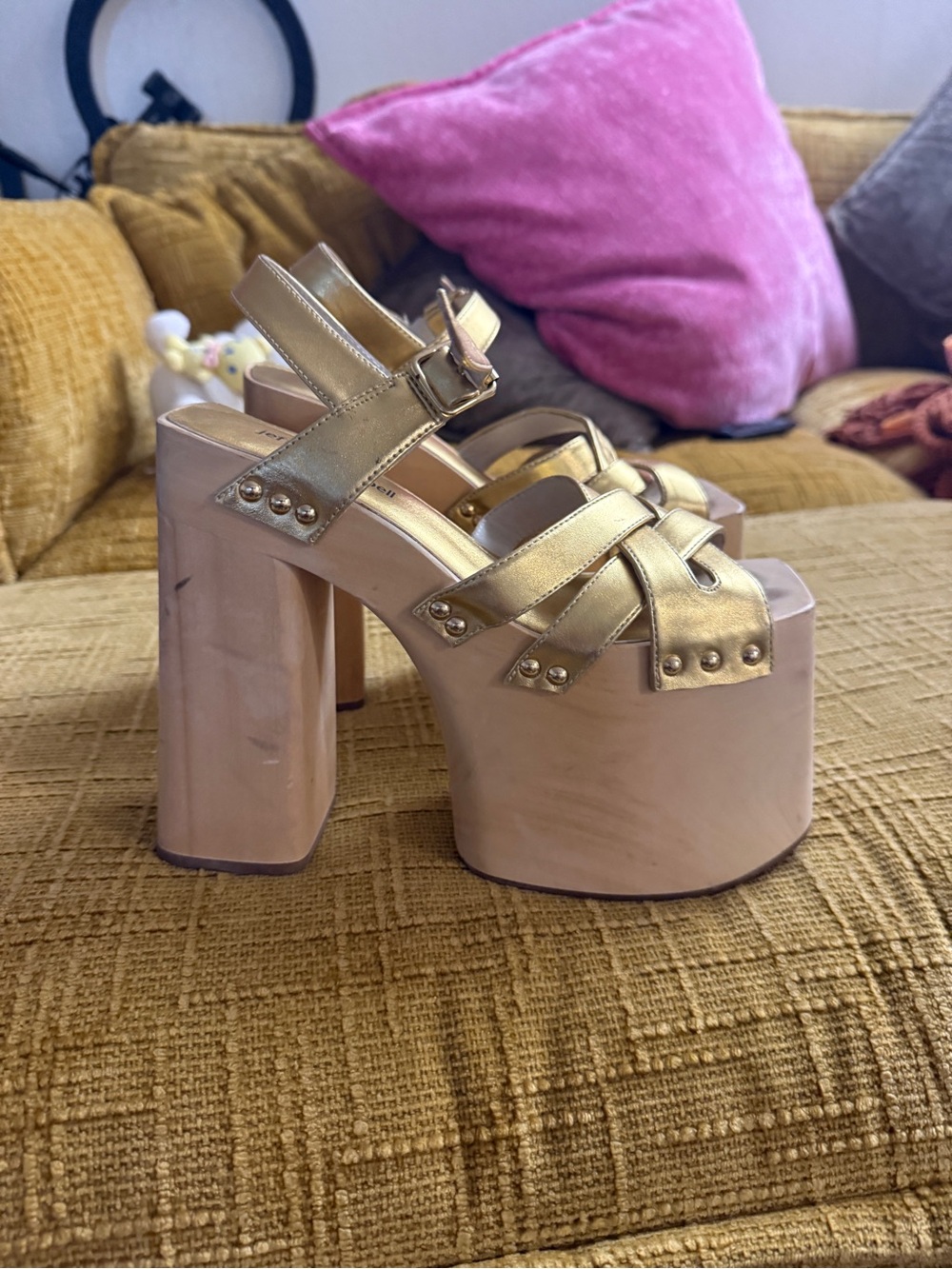 Jeffrey Campbell Gold Strappy Platform Heels - Women's High Block Sandals